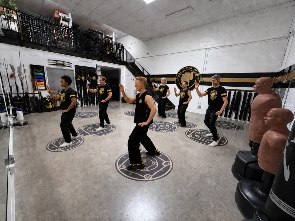 Sifu Jonny Blu Klamer and adults practicing a Tai Chi palm posture in Burbank